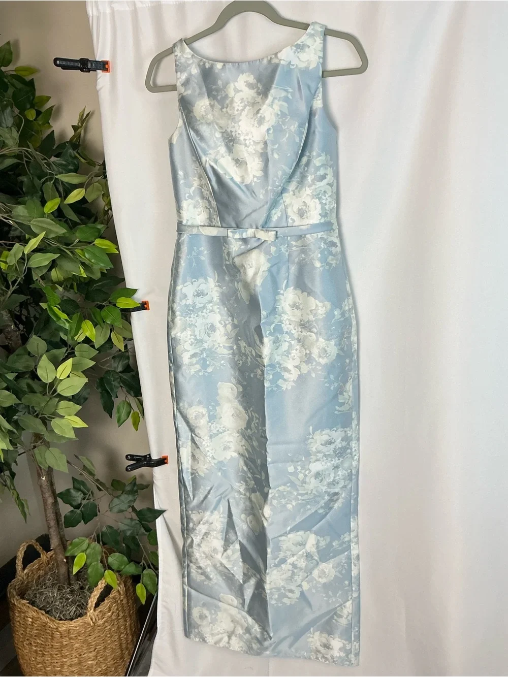 ALFRED SUNG Porcelain Blue Floral Satin Bateau Neck Maxi Dress - Picture 2 of 5